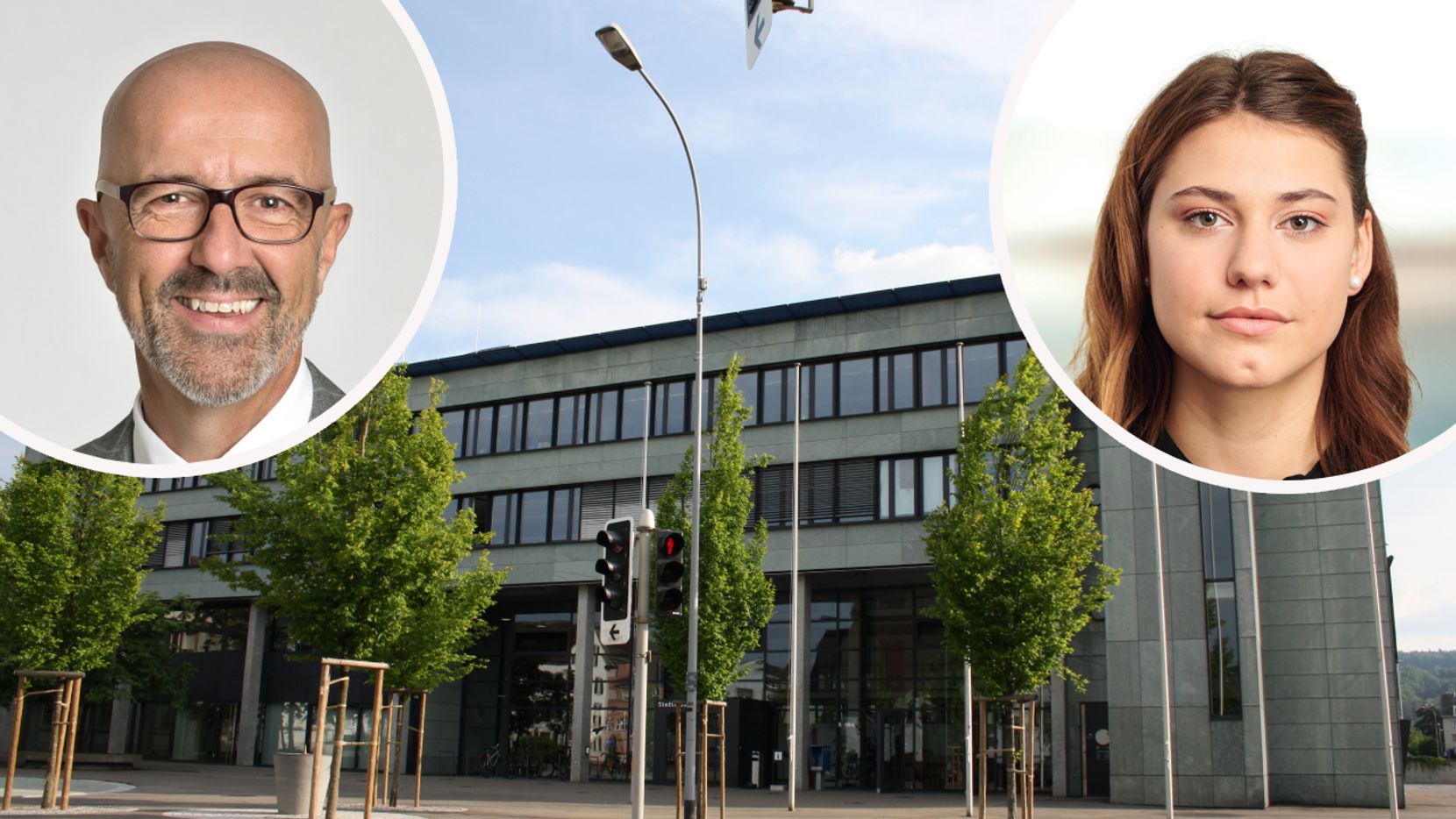 Bildkombination mit André Ingold und Leandra Columberg und dem Stadthaus Dübendorf im Hintergrund.